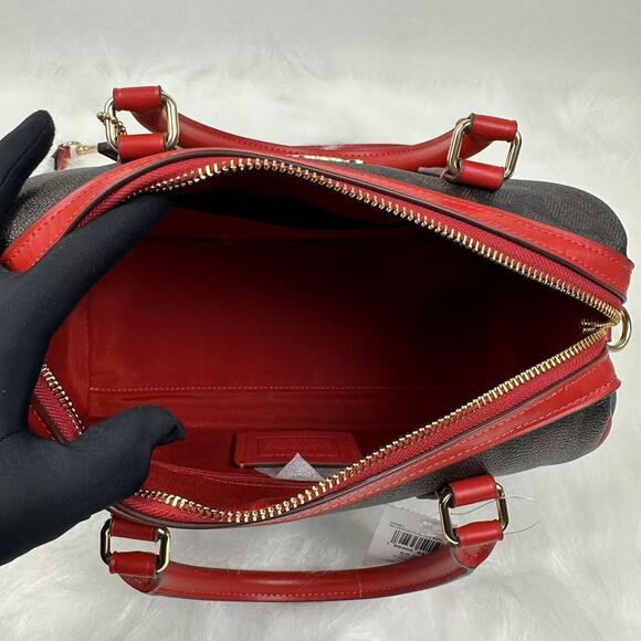 COACH Rowan Satchel Bag In Signature Canvas & Leather Walnut/Bold Red CV961 NWT - Picture 7 of 11